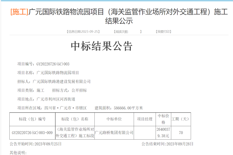 喜報：路橋集團成功中標廣元國際鐵路物流園項目（海關(guān)監管作業(yè)場(chǎng)所對外交通工程）
